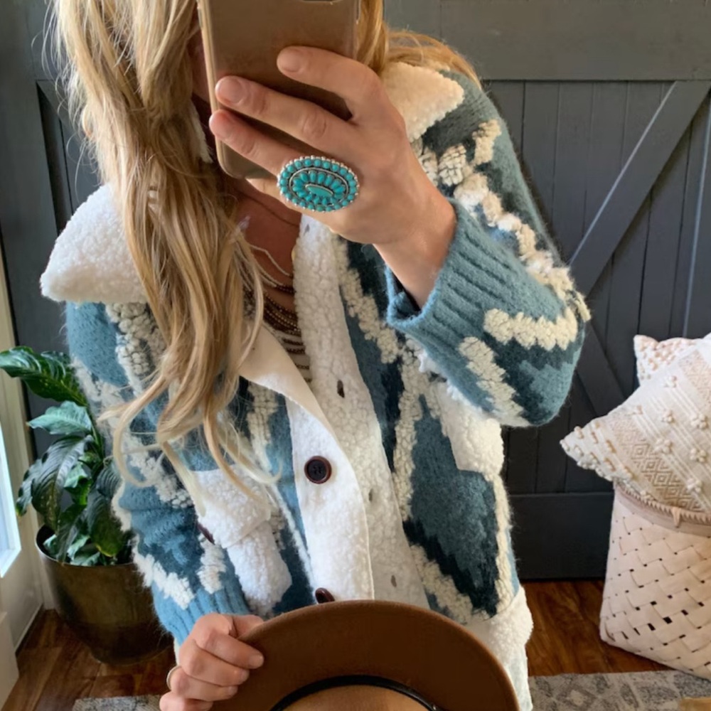New Quilted Cardigan Sweater Coat / Women's Shacket Blue Western Boho Jacket - Picture 5 of 7